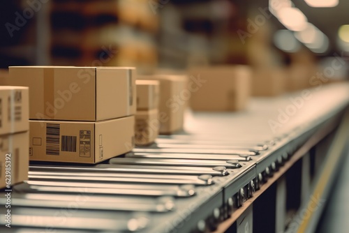 Cardboard boxes of packages seamlessly courier on production line in warehouse moving along a conveyor belt in a warehouse fulfillment center, Generative AI © tonstock