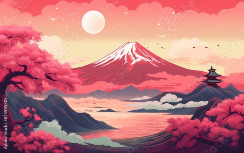 Illustration of Japan lansdcape with fuji mountains, japanese drawing style, Generative AI © tonstock