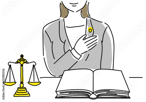 女性弁護士と天秤と六法全書シンプル線画イラスト