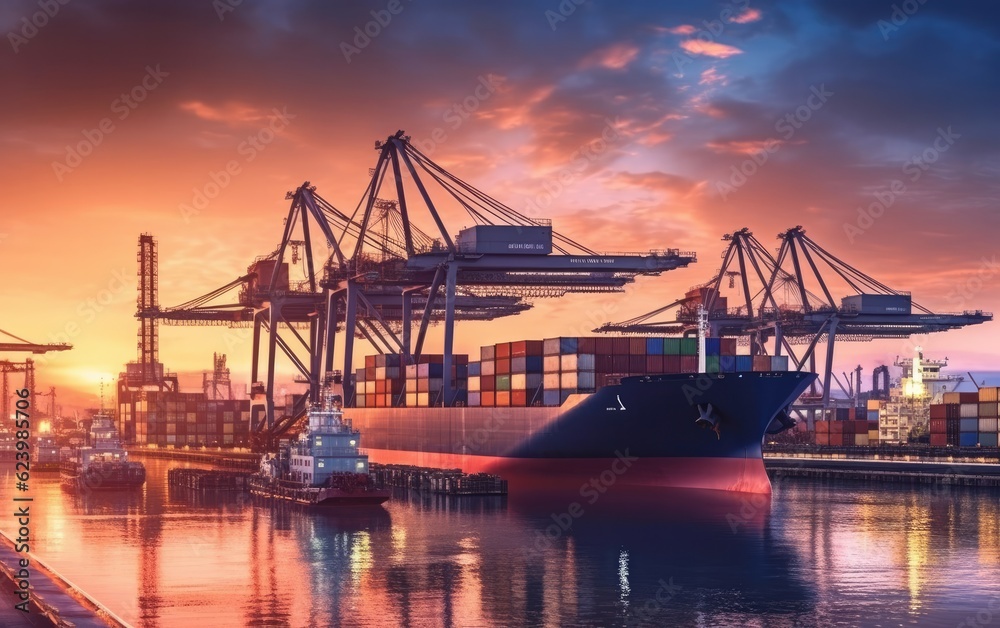 View of the harbor with container ships, Logistics and transportation of cargo ship,  logistic import export and transport industry background,  Generative AI