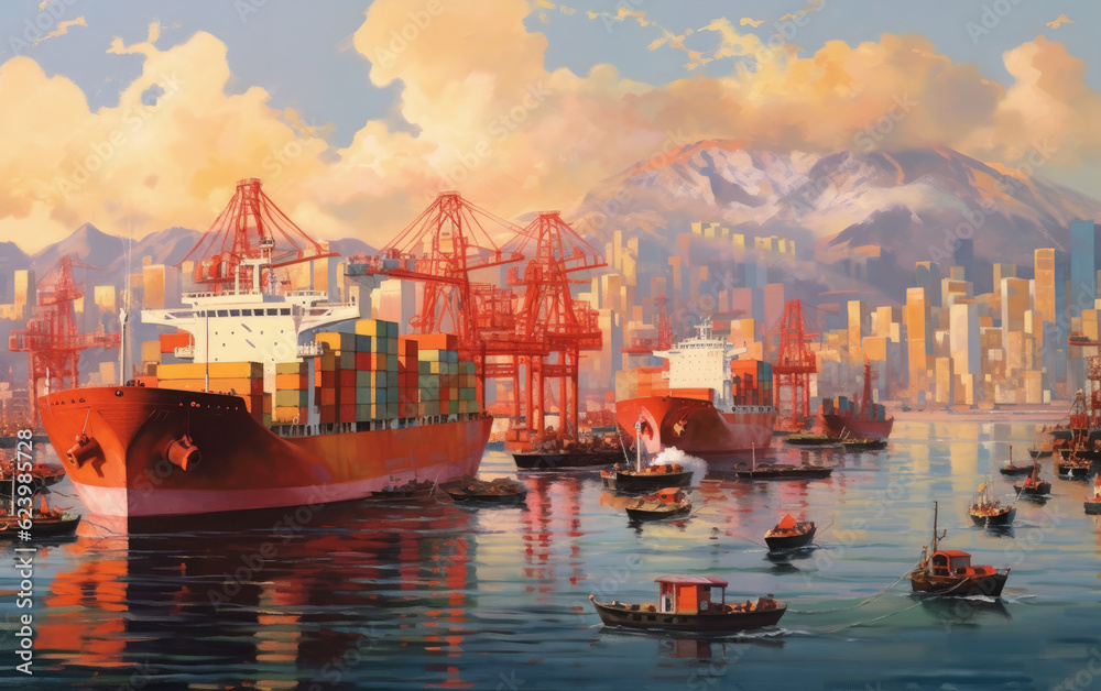 Fototapeta premium View of the harbor with container ships, Logistics and transportation of cargo ship, logistic import export and transport industry background, Generative AI