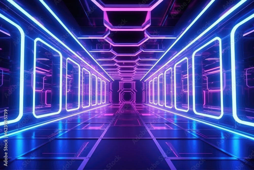 Illustration of  scifi gaming cyberpunk stage in futuristic neon glow room, Generative AI