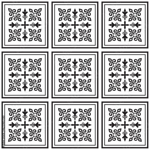 tile pattern, Porcelain decorative background design, black and white floral decor vector illustration, Big ceramic element in center is frame, beautiful ceiling backdrop damask and baroque style