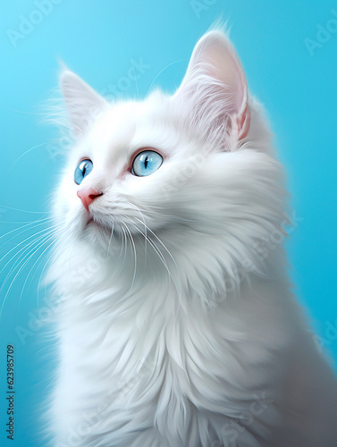 Portrait of a white cat with blue eyes on a blue background.AI Generated