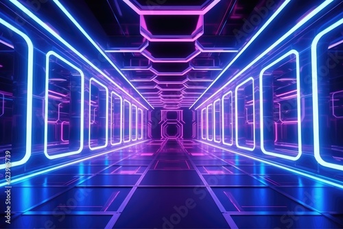 Illustration of  scifi gaming cyberpunk stage in futuristic neon glow room  Generative AI