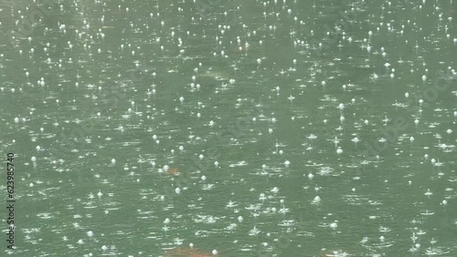 raindrops on river surface with bubbles and green water ripples texture abstract 4k footage with drops on umbrella sound