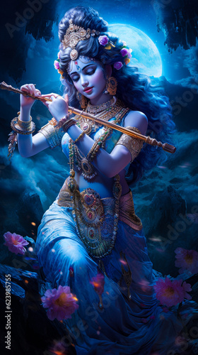 Godess radha, Playing flute in Full moon Night © vikash