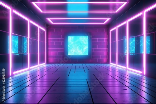 Illustration of scifi gaming cyberpunk stage in futuristic neon glow room, Generative AI