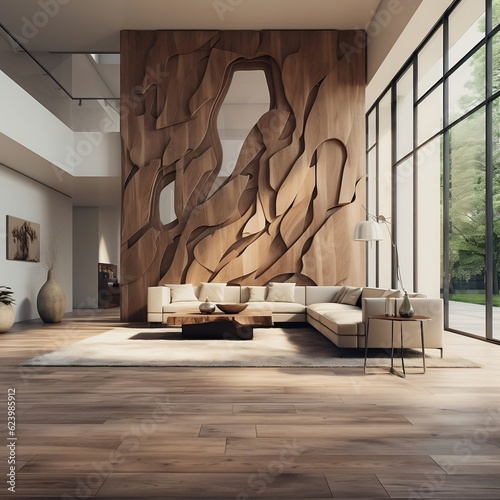 Minimalist interior design of modern rustic entrance hall with abstract wooden room divider generative ai