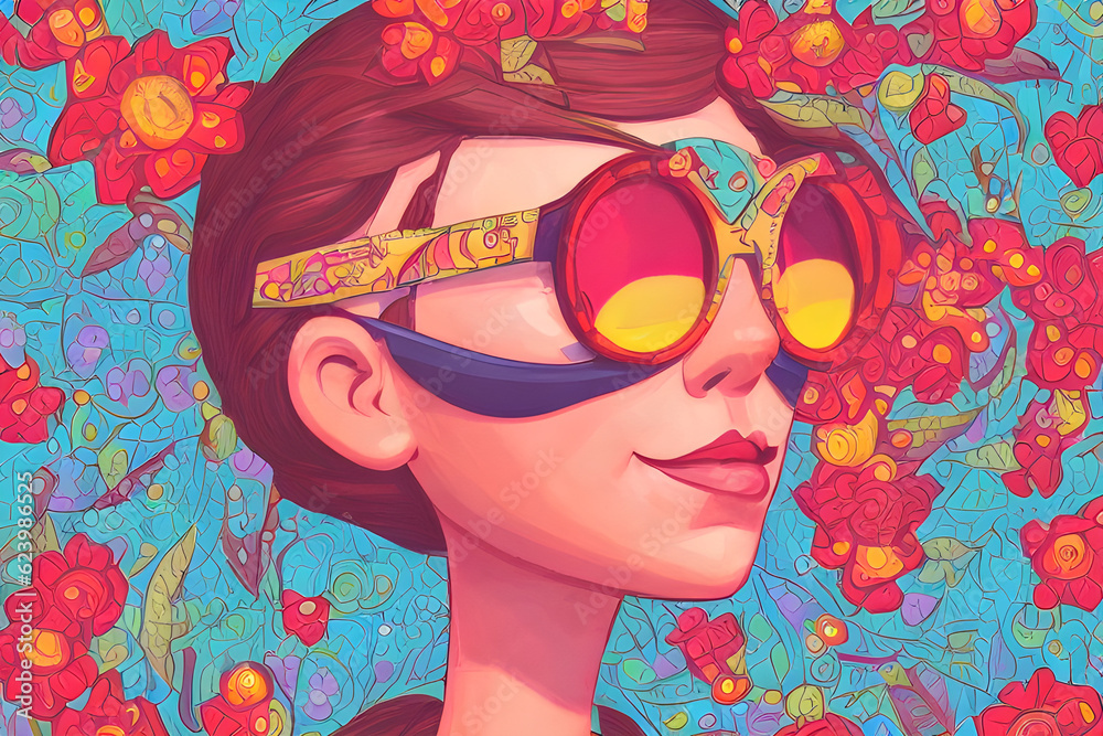 pltn style summer vibes fashion woman. wearing huge sunglasses and red flowers decoration digitale. Generative AI - obrazy, fototapety, plakaty 