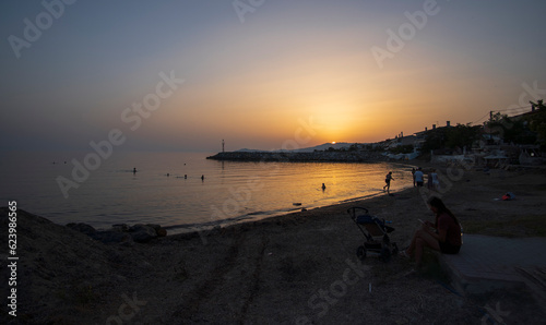 Sunset at the beach in Greece in Kassandra, Nea Skioni,