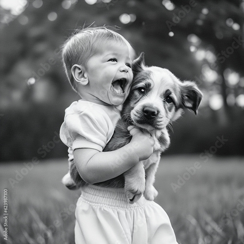 a happy baby and a puppy1 photo