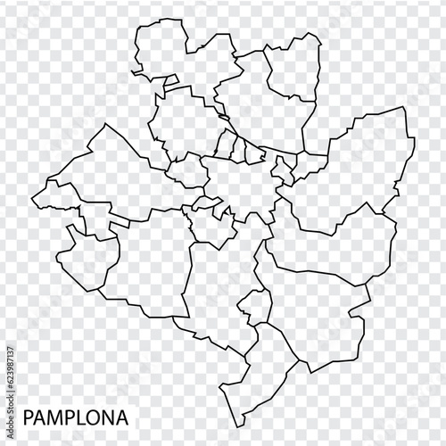 High Quality map of Pamplona is a city in Spain, with borders of the Districts. Map of Pamplona for your web site design, app, UI. EPS10.