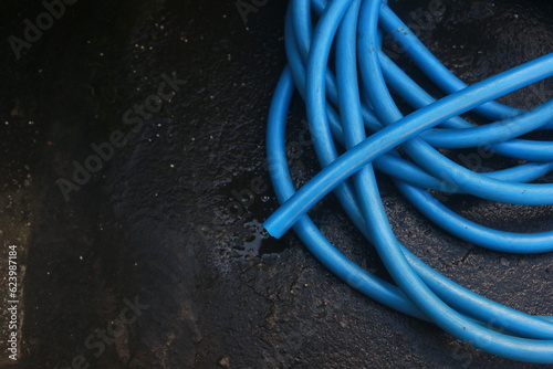 Blue water hose coiled in the yard