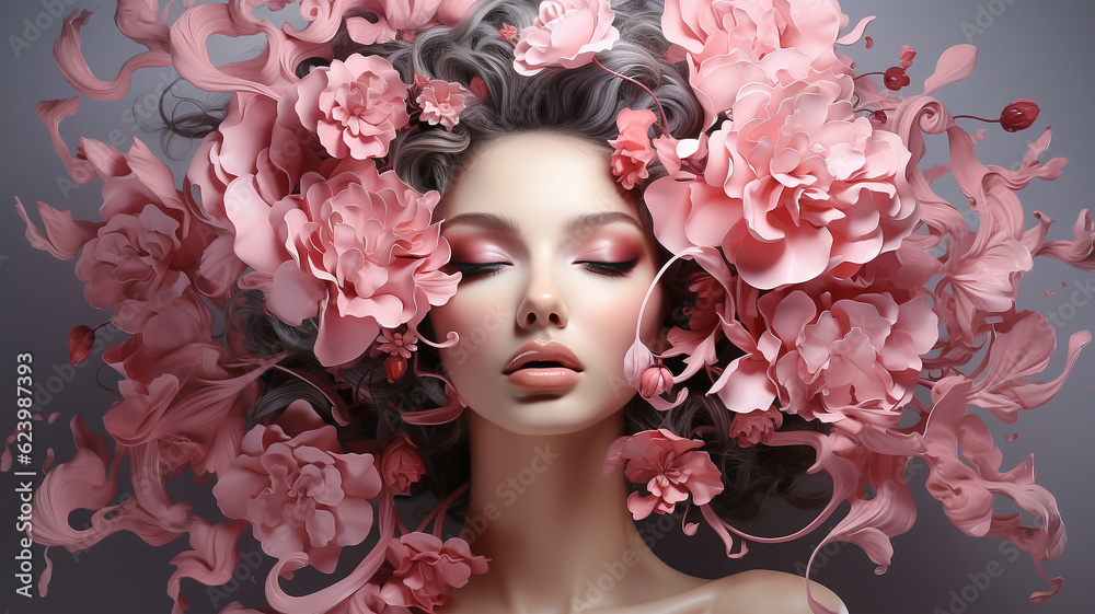 Woman's Ethereal Portrait: Pink Hues Merging with Interior, Abstract Design Concept Prevails
