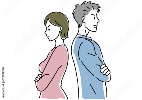 喧嘩中の背中合わせの夫婦（カップル）シンプル線画イラスト