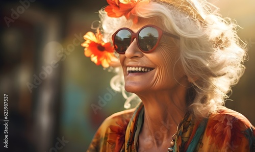 portrait of a happy and cool retried woman goes vacation with sunglasses and flower   photo