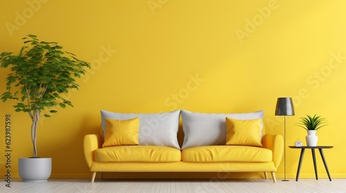 Vibrant yellow empty wall with cozy beige sofa interior design of modern living room generative ai