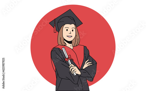 Illustration of We were celebrating the graduation ceremony concept. Asian beautiful smiley graduate graduated student girl young woman in a cap gown on an isolated white background wall. Portrait clo