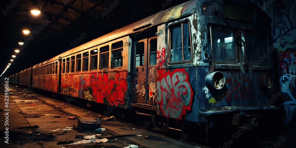 Obraz premium AI Generated. AI Generative. Tunnel abandoned underground subway train station with old used train rail. Graffiti street art culture crime vibe. Graphic Art