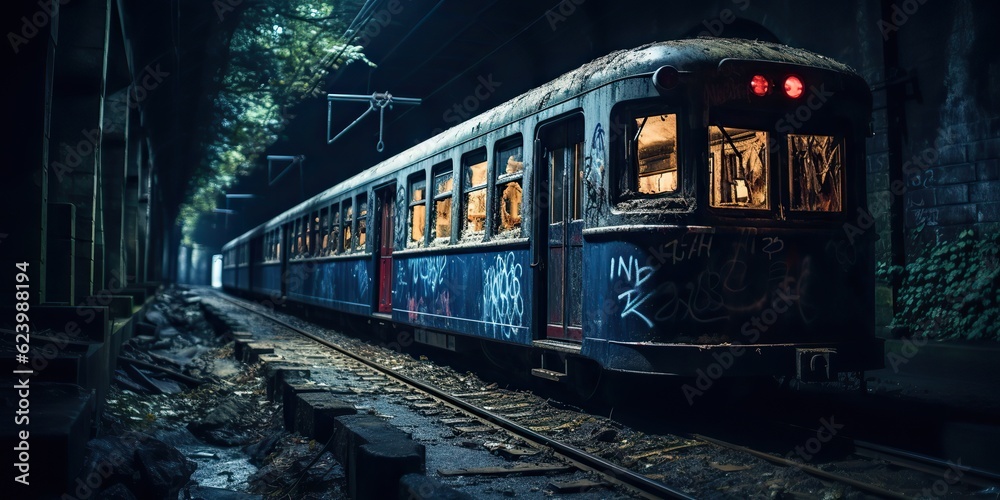 Obraz premium AI Generated. AI Generative. Tunnel abandoned underground subway train station with old used train rail. Graffiti street art culture crime vibe style 