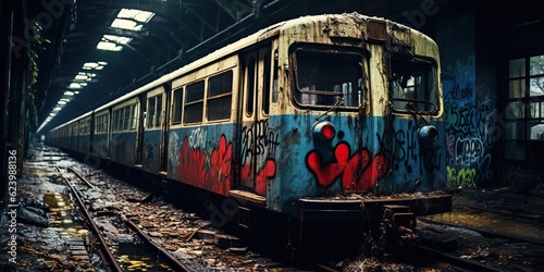 AI Generated. AI Generative. Tunnel abandoned  underground subway train station with old used train rail. Graffiti street art culture crime vibe. Graphic Art