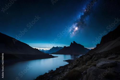 Long river in the mountains with space or night sky through clouds