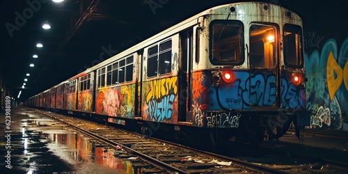 AI Generated. AI Generative. Tunnel abandoned  underground subway train station with old used train rail. Graffiti street art culture crime vibe style 