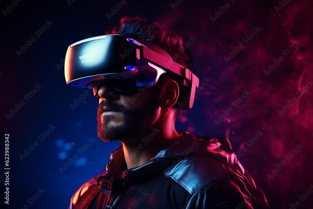 Model young man with beard in glasses of virtual reality on dark background. Augmented reality, science, future technology concept. VR. Futuristic 3d glasses with virtual projection. generative ai. Model young man with beard in glasses of virtual reality on dark background. Augmented reality, science, future technology concept. VR. Futuristic 3d glasses with virtual projection. generative ai.