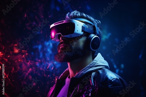 Model young man with beard in glasses of virtual reality on dark background. Augmented reality, science, future technology concept. VR. Futuristic 3d glasses with virtual projection. generative ai.