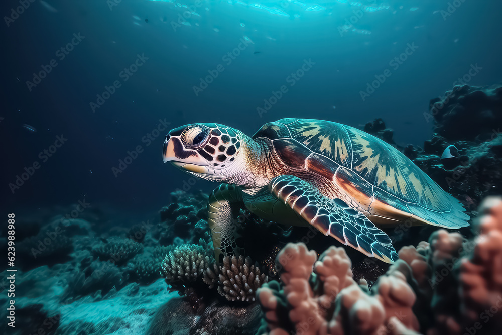 Obraz premium Sea turtle swimming on Maldives. Turtle in the blue sea, looking directly into the camera. Details of head, mouth and eyes, AI