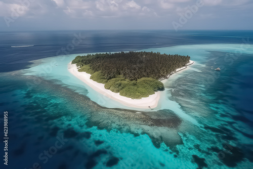 Drone photo of beautiful paradise Maldives tropical beach on island, AI