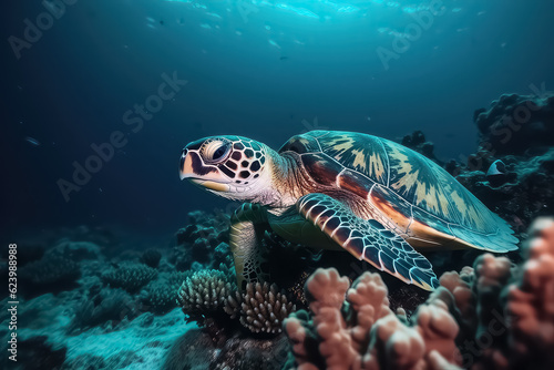 Sea turtle swimming on Maldives. Turtle in the blue sea, looking directly into the camera. Details of head, mouth and eyes, AI © yurakrasil