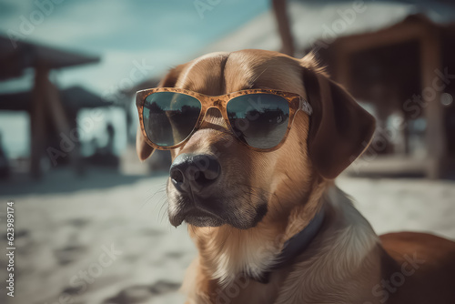 dog in sunglasses resting in the maldives, AI © yurakrasil
