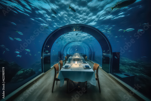 underwater restaurant interior in maldives , AI