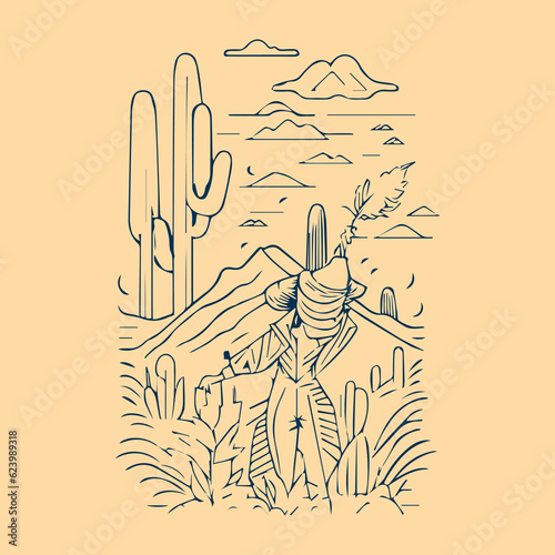 Vector Wild West western hand drawn doodle background with cowboy hat on American canyon desert and cactuses. western cowboy. western cowboy vector