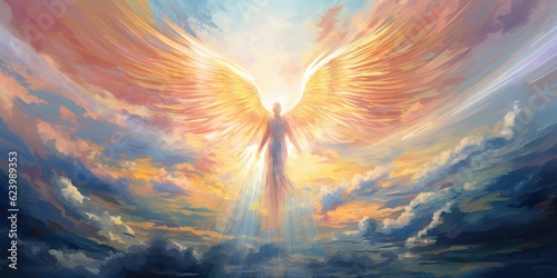 AI Generated. AI Generative. Glowing light flying angel in heaven. Religion spiritual faith christian catholic jesus mythology vibe style
