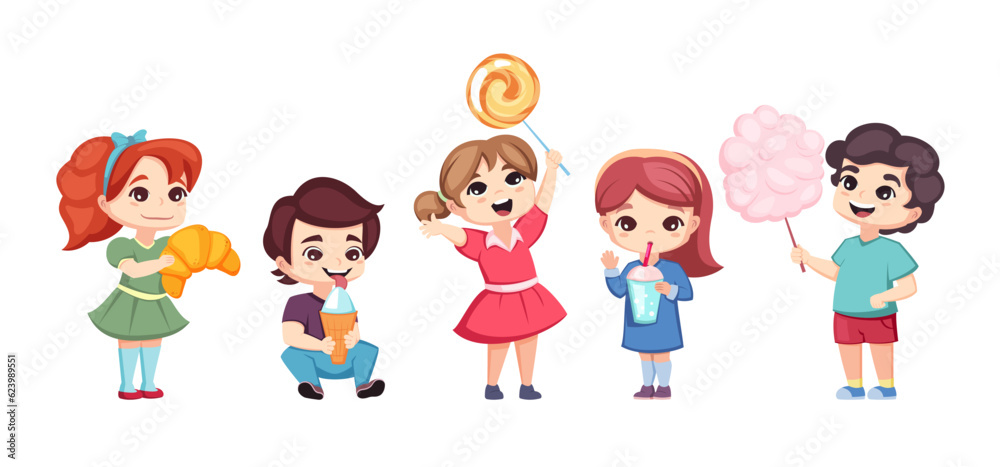 happy kids with candies. cute children with sweets, croisant, . vector cartoon kids characters. happy kids with candies. cute children with sweets, croisant, . vector cartoon kids characters.