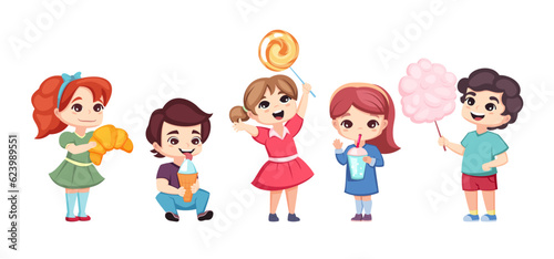happy kids with candies. cute children with sweets  croisant  . vector cartoon kids characters.