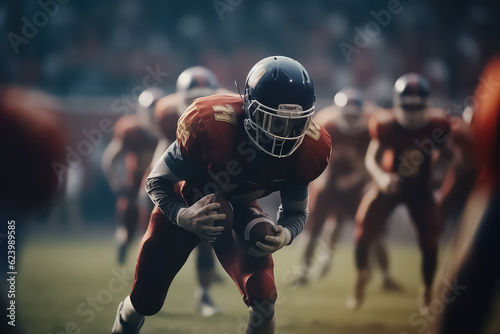 American football sportsman player on stadium running in action, AI