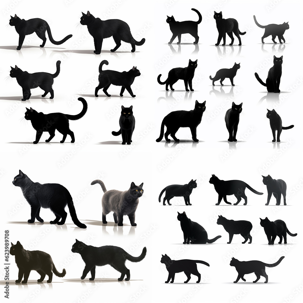 The collection a set of walking cat silhouette isolated on white background.