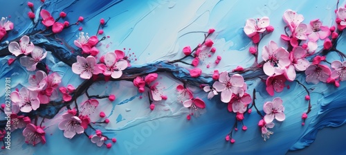 Fotografiet Pink cherry blossoms sakura floral branch expressive art painting background