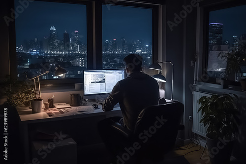 young man working on laptop in modern appartment, checking email in morning, AI.