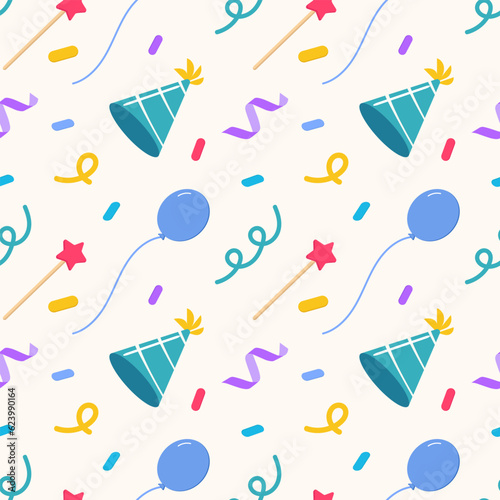 Seamless pattern bitrhday party in cartoon style isolated on yellow background. 