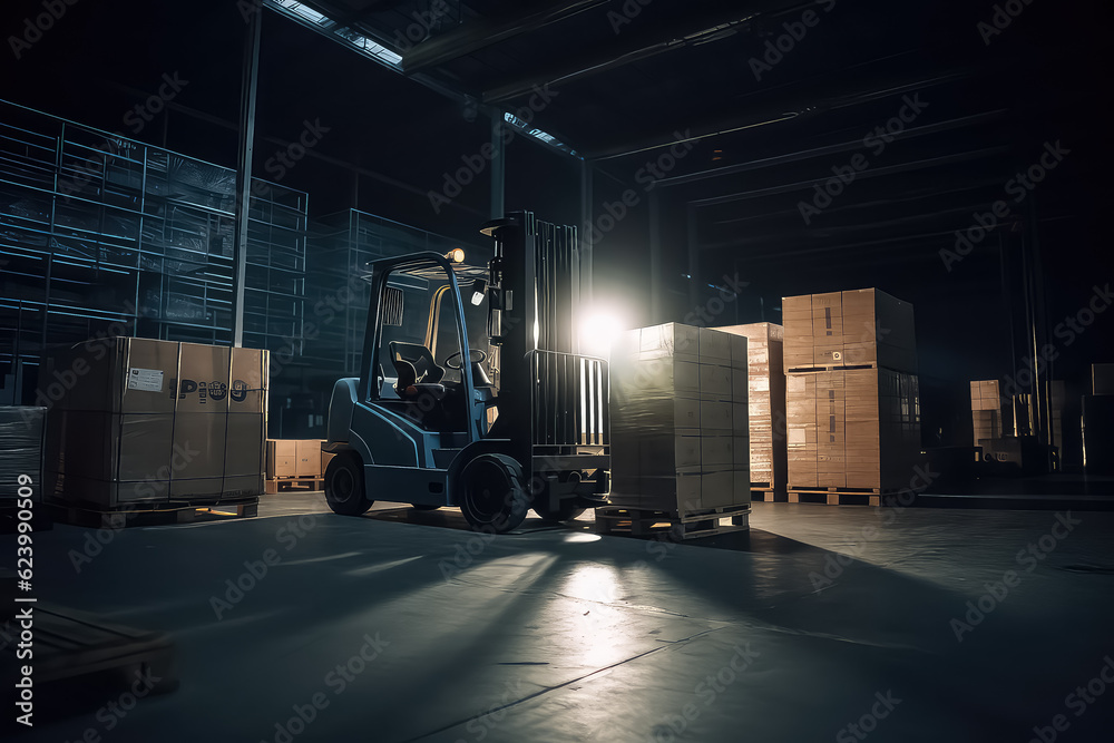 warehouse driver loading cardboard boxes by forklift stacker loader, AI