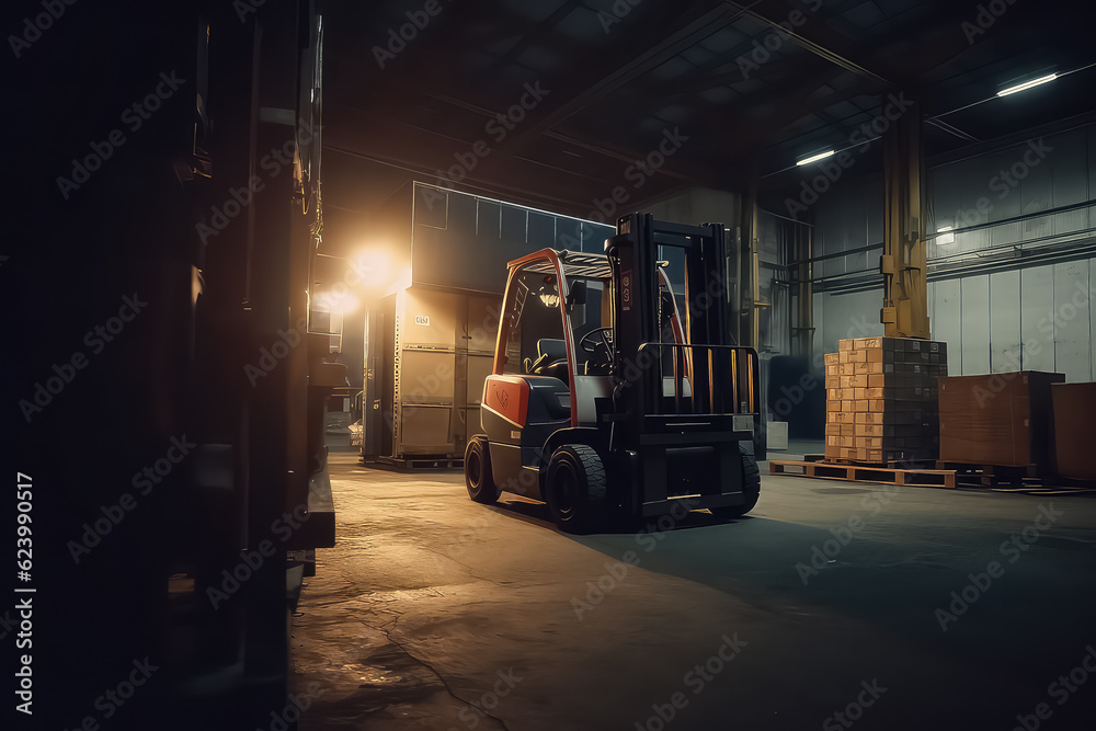 warehouse driver loading cardboard boxes by forklift stacker loader, AI