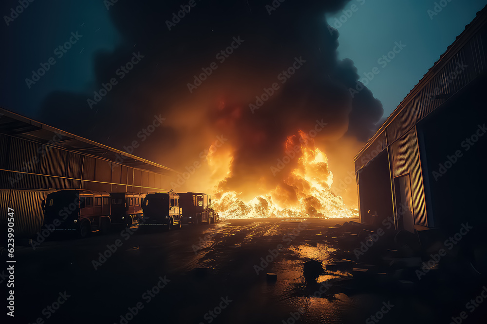 The fire burns over the warehouse, black smoke flames into the sky. AI