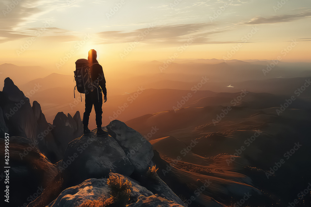 Young man standing on top of cliff in summer mountains at sunset and enjoying view , AI