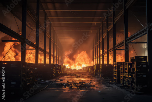 Obraz na plátně The fire burns over the warehouse, black smoke flames into the sky
