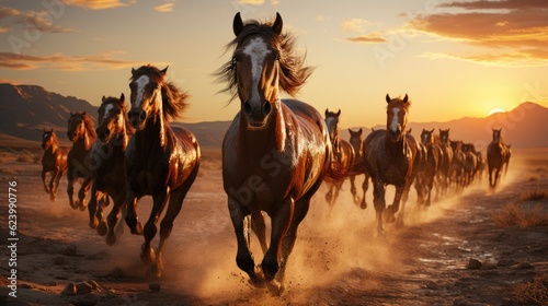 A herd of wild horses rides across the steppe. Generative AI © kardaska